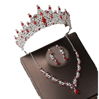 Parure de bijoux vintage en alliage, collier, boucles d'oreilles, strass rouges, accessoires de cheveux pour anniversaire, ensemble trois pièces pour mariée et robe de mariée