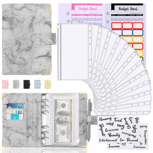 Carnet de notes A6 en cuir PU et marbre, classeur, planificateur, organisateur d'argent pour des économies, avec 12 poches à fermeture éclair, autocollants - Product Image 1