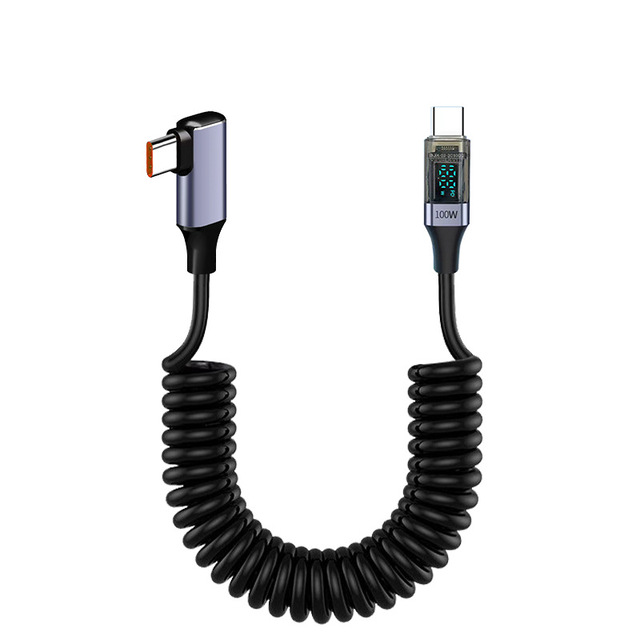 2026 New PD 100W Spring Data Cable with LED Digital Display Right-Angle/Elbow Type C Fast Charging Cable