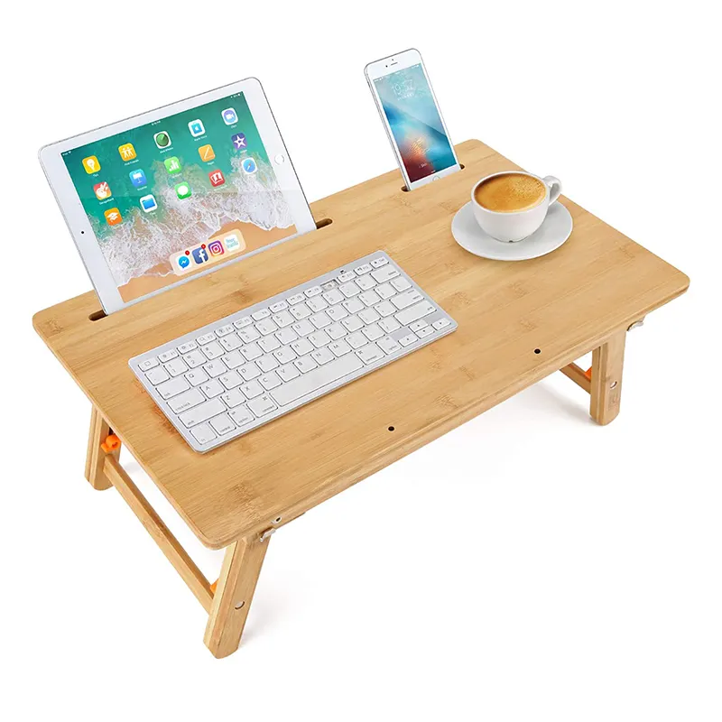 Bandeja portátil para servir café da manhã, bandeja de bambu para laptop mesa com suporte para tablet