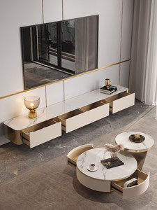 קל יוקרתי מודרני יוקרתי נירוסטה שילוב שולחן קפה ארון טלוויזיה סלון פינות מעוגלות גודל חדש - Product Image 1