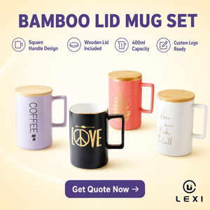 Taza de Café de Porcelana de 400 ml con Tapa de Bambú, Asa Cuadrada, Impresión Personalizada COFFEE LOVE, Borde Dorado, Interior Negro Mate y Blanco, <span class=keywords><strong>LEXI</strong></span> - Product Image 2