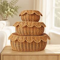 Paniers de rangement rectangulaires en rotin tressé simulé à la main, avec couvercle en plastique à motif ovale mignon, pour salle de bain et stockage alimentaire, emballés en cartons