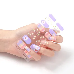 半固化凝胶指甲条全手指贴纸包裹粘合剂指甲各种图案紫色彩虹花指甲包裹DIY