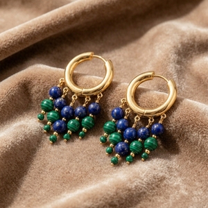 Pendientes de aro con borlas personalizados al por mayor, chapados en oro, con cuentas sintéticas de lapislázuli, joyería hipoalergénica para mujer - Product Image 2