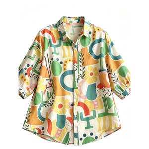 Nuova Camicia Estiva da <span class=keywords><strong>Donna</strong></span> 2026 all'Ingrosso con Stampa Floreale Geometrica Astratta, Colletto a Punta, Manica Corta, Vestibilità Ampia, in Lino e Cotone Crema - Product Image 5