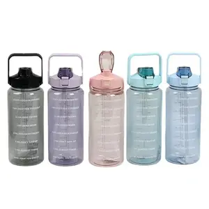 Botol air kapasitas besar, 2L botol air kapasitas besar, skala waktu, plastik buram, olahraga luar ruangan, siswa, cangkir pasangan, berkemah