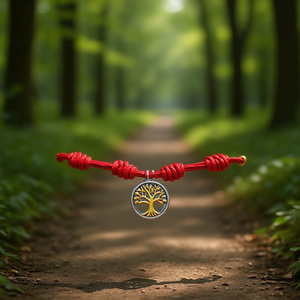 Braccialetto Ilan con 7 nodi, cordoncino rosso e ciondolo Albero del Mondo in colore argento e oro - Product Image 2