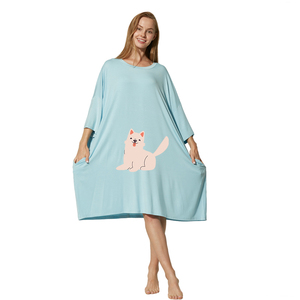 Camiseta de verano Diseño personalizado Impresión de pizza Vestido de noche de gran tamaño Fábrica Mujeres Pijamas cortos Camiseta de bambú <span class=keywords><strong>para</strong></span> dormir con bolsillo <span class=keywords><strong>para</strong></span> el hogar - Product Image 3