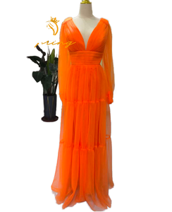 S1373N New Lace Drop Shipping Hot Selling Swing Sexy V-neck Slit A-Line Satin Long Skirt Tail Banquet Ladies Evening Dress - Product Image 1