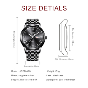 Orologio da Uomo LG9846 al Quarzo, Business, Nero, Acciaio Inossidabile, Quadrante 42mm, Display Settimanale, Numeri Romani, Calendario Classico + Confezione Regalo - Product Image 5