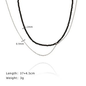 Collar de Cadenas Finas Plateadas de Doble Capa con Cuentas de Vidrio Negro, Chapado en Oro de 18K, Acero Inoxidable Resistente al Deslustre - Product Image 5