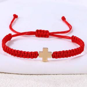 Bracelet en <span class=keywords><strong>hématite</strong></span> tissé à la main, réglable, avec croix chrétienne en acier inoxydable, bracelet porte-bonheur en cordon rouge, cadeau - Product Image 6