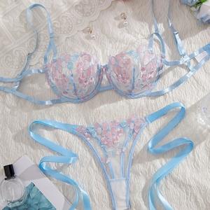 Set Lingerie transparan <span class=keywords><strong>2</strong></span> potong seksi Thong jaring sejuk nyaman wanita Bra bordir Motif bunga Set celana dalam tipis - Product Image 3