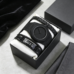 Conjunto de Reloj de Lujo para Hombre <span class=keywords><strong>en</strong></span> Negro Stealth, 3 Piezas, Esfera con Números Árabes, Reloj de Cuarzo de Plástico con Correa de Cuero Trenzado, Regalo - Product Image 3