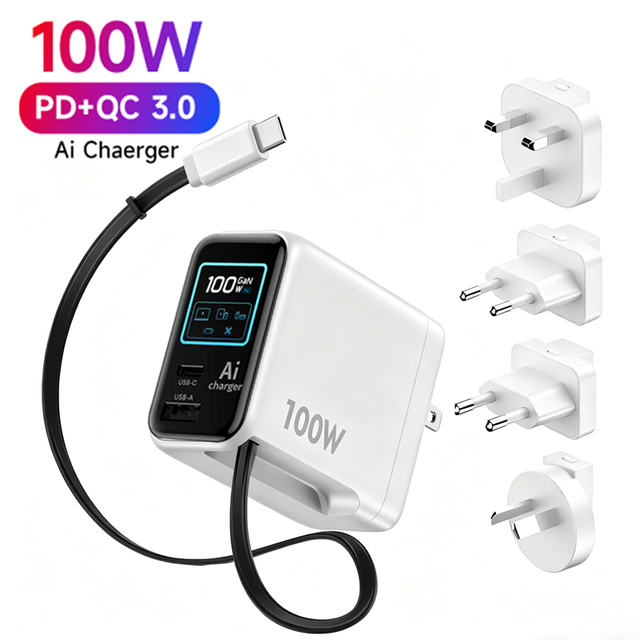 TRANGJAN 70W-100W GaN Fast USB Charger Type-C Retractable Cable 3 Ports AI SMART CHARGING TFT Display Foldable Design