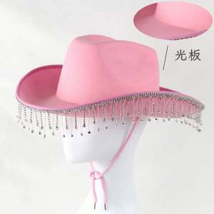 Chapeaux de cow-boy style western en promotion pour marié et mariée, chapeau de cow-boy rose avec strass pour fête - Product Image 1