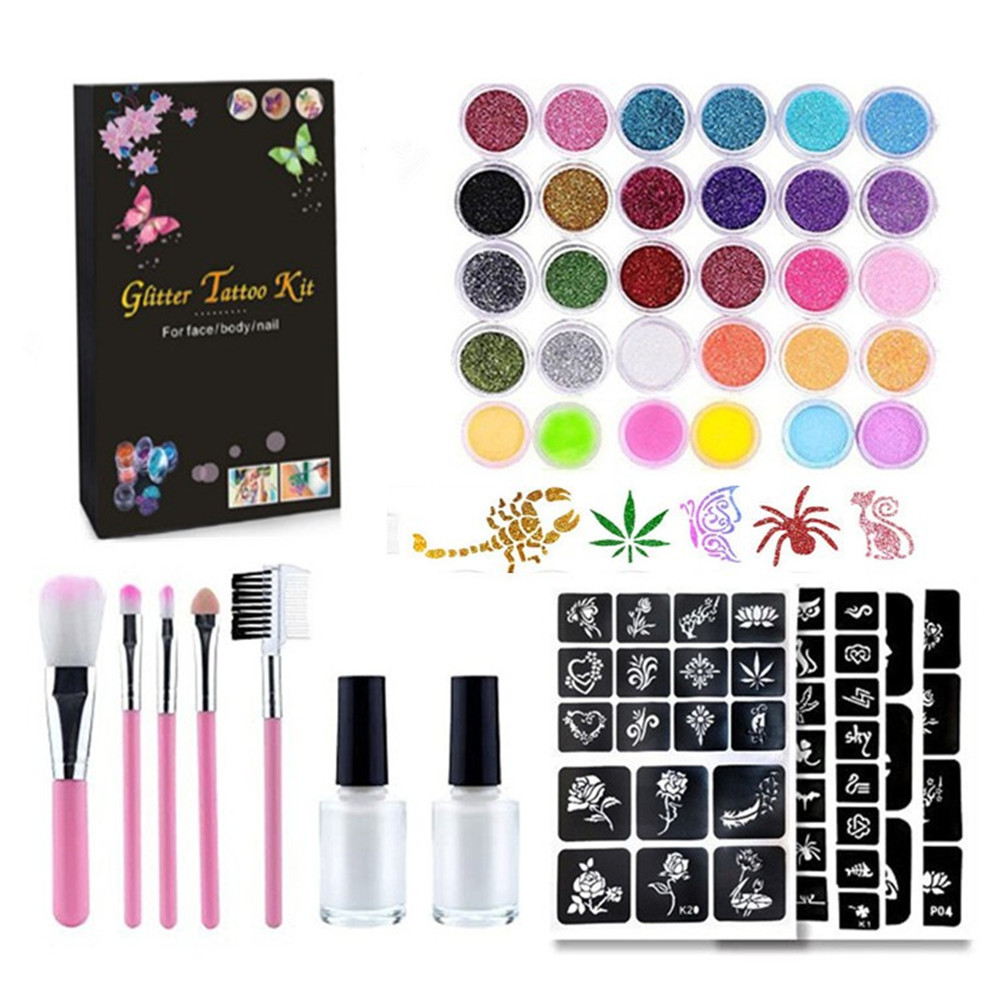 Kit di tatuaggi con Glitter temporanei per bambini, Kit professionale per Make Up di tatuaggi glitterati di 30 colori per bambini, tatuaggio con Glitter per Nail Art