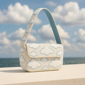 ALI FASHION ART Handmade Embroidered Canvas <b>Handbag</b> with Cloud Pattern Polyester Thread Washable Rectangular Shape for Daily Use - Product Image 1