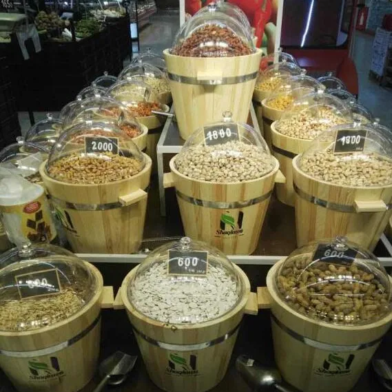 Holzlager fass Getrocknete Lebensmittel fässer für Supermarkt-Holze imer mit Kunststoff abdeckung
