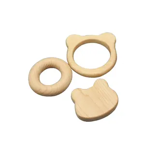 Wooden Teether Babys Quality Unfinished Smooth Beech Wooden Circle Ring Baby Teether Floral Ring Sensory DIY Toys