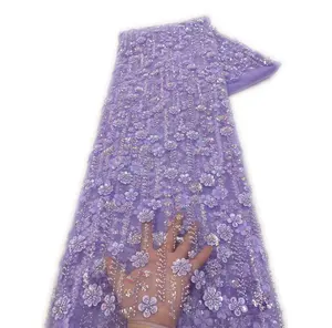 Tela de encaje francés con flores en 3D, tejido africano de lujo de Color lila con lentejuelas y cuentas para vestido de fiesta