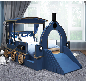 豪华儿童卧室家具套装双人床模拟汽车造型和幻灯片设计实木儿童床蓝色男孩 - Product Image 2