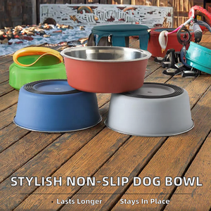 Bol pour animaux de compagnie coloré en acier inoxydable avec base antidérapante en silicone, motif uni, étanche - Product Image 4