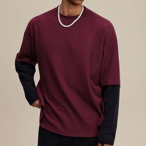 T-shirt à manches longues vintage pour homme, vêtement d'extérieur, faux deux pièces, coton, patchwork contrasté, streetwear, design vierge pour homme - Product Image 2