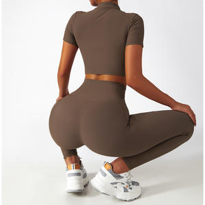 <span class=keywords><strong>2022</strong></span> nueva ropa de Fitness para mujer, conjunto de entrenamiento de gimnasio, Top corto con cremallera acanalada, camiseta y mallas con bolsillos laterales, conjuntos de ropa activa - Product Image 3