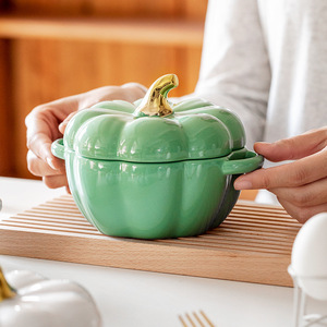 Bol à soupe en céramique sous glaçure créatif en forme <span class=keywords><strong>de</strong></span> citrouille avec couvercle, compatible micro-ondes, pot à ragoût mignon à double poignée pour la maison - Product Image 4