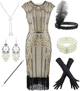 Ecoparty cUSTOMIZED 1920s Gatsby Sequin Fringed Paisley Flapper Dress with Accessories - XXL XXXL