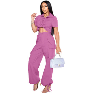 Conjunto de 2 piezas de moda para mujer, camisa de manga corta informal con patrón sólido y pantalones Cargo, pantalones cortos a juego, Tallas cortas - Product Image 4