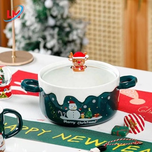 トナカイ柄のクリエイティブな麺鉢、取っ手とガラス蓋付き、雪だるまロゴデカール付きセラミックボウル、クリスマス用、学生向けのかわいいボウル - Product Image 1