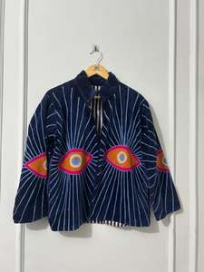 Blouson Bomber Femme Tricoté Main en Velours Brodé Respirant avec Motif Artistique Oeil, Style Ethnique Bohème, Vêtement d'Hiver - Product Image 3