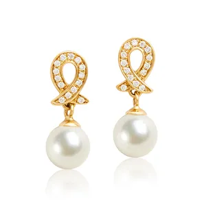 2022 New Real 18K Gold Seawater Akoya Pearl Scarf Real Diamond Gemstone Stud Earrings for Women Girl Gift Party Daily Use Wear