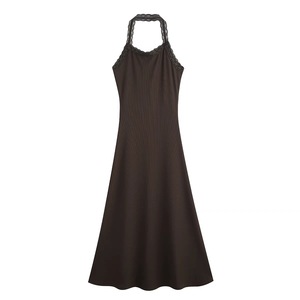 Ensemble deux pièces pour femme : Robe en maille à col licou avec bordure en dentelle et haut à manches longues asymétrique, coupe ample et respirante, idéal printemps-automne - Product Image 3