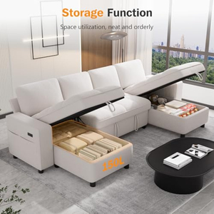 Canapé modulaire sectionnel avec lit escamotable, canapé en chenille en forme de <span class=keywords><strong>U</strong></span> avec dossier réglable USB, 2 sièges de rangement - Product Image 6