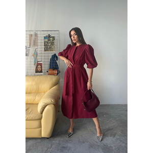 Robe Tencel à manches courtes motif pastèque - Bordeaux, élégante, en tissu mélangé de haute qualité avec élasthanne, coupe Empire, couleur unie, taille XL, pour femme de bureau et soirée - Product Image 6