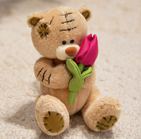 Adorable ours en peluche patchwork tenant une fleur, poupée en peluche douce lavée 100% polyester, cadeau tendance et mignon pour enfants et adultes