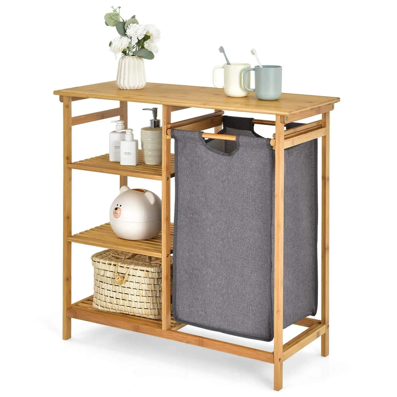 Freestanding Laundry Organizer Sections Laundry Basket with Removable Liner Bamboo Laundry Hamper Stand And Shelf