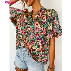 Women's Blouses 5XL Plus Large Size Summer Tops New Leisure Blouse Loose Feather Print V Neck Fashion long Sleeve Shirts