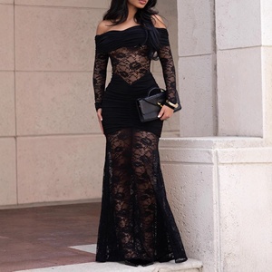 Abito da festa ZHEZHE da donna, estivo, slim fit, sexy, con <span class=keywords><strong>spalle</strong></span> <span class=keywords><strong>scoperte</strong></span>, <span class=keywords><strong>maniche</strong></span> <span class=keywords><strong>lunghe</strong></span>, in pizzo, aderente sui fianchi. - Product Image 2