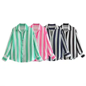 PB & ZA mujeres 2024 primavera nueva moda Casual rayas blusa Vintage manga larga abotonada camisas femeninas Chic Tops
