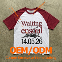T-shirt Homme Personnalisé OEM ODM 100% Coton à Manches Raglan, Imprimé Vintage Effet Vieilli, Coupe Ample Oversize, Ourlet Effiloché, Style Streetwear