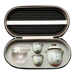 Juego de té de bambú pintado a mano, portátil, para viajes, camping, kit de té de cerámica, juego de preparación de té pequeño para uso en exteriores. - Product Image 5