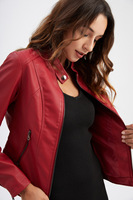Neue Damen Kunstleder-Bikerjacke mit Umlegekragen PU-Motorradjacke Streetwear Oberbekleidung Synthetische Lederjacke