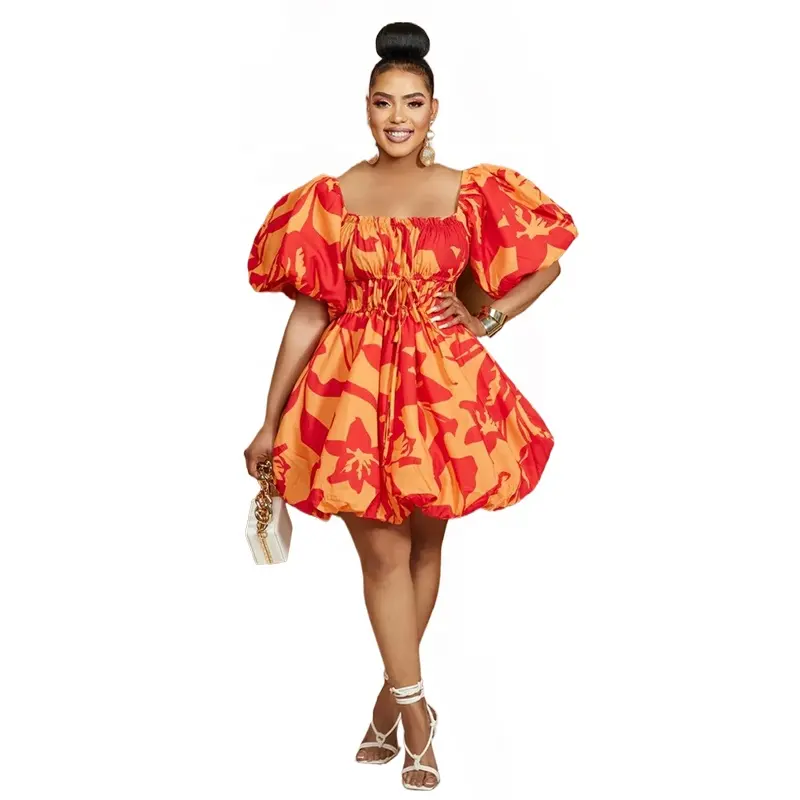 Liu Ming Africa Fashion Women Clothing 2024 Elegant Floral Printed Off Shoulder Puff Sleeve Pleated Big Swing A Line Dress