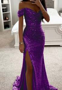 Robe longue décontractée en laine peignée, à sequins, col ras du cou, fendue, taille naturelle, unie, pour soirée – Grande Vente - Product Image 3