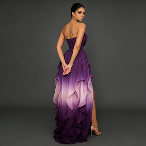 Robes de soirée élégantes pour femmes, style ombre, sans bretelles, col cœur, <span class=keywords><strong>d</strong></span>étail à volants superposés, fente haute, en mousseline légère et fluide - Product Image 3